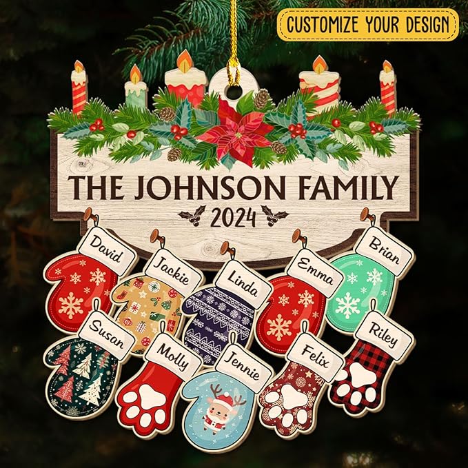 Family with Pet Ver 2 - Personalized Custom Wood Ornament, Family Gloves Christmas Ornament 2024, Xmas Ornament Gifts for Family Tree Decoration (A06, 6 Names)