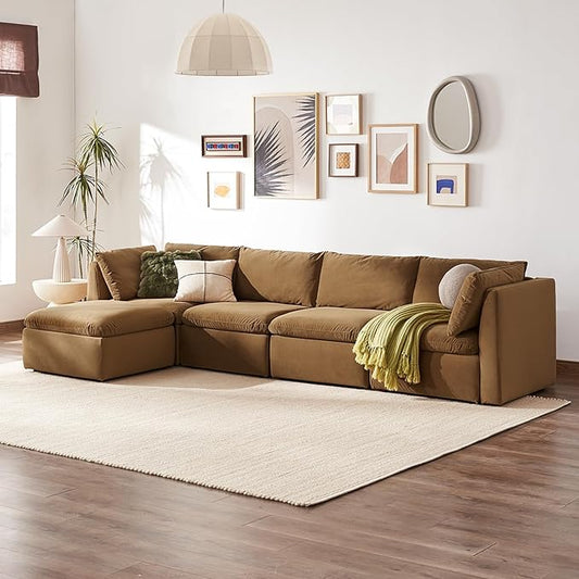 mopio Oversized Modular Sectional Sofa with Fully Removable Covers and Storage, Convertible U, L-Shaped and Sleeper Sectional, Modern Couches with Ottoman Chaise (Hazelnut Velvet, 5 Seats, L)