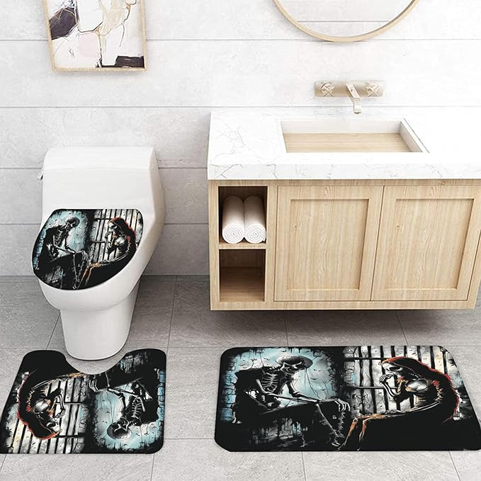 NEWSUYAA Halloween Decorations Shower Curtain Set with Non-Slip Rugs and Bath Mats,Black Skull Skeleton Bathtub Curtains with 12 Hooks,All Saints'Day (Nov 1st) Bathroom Decor
