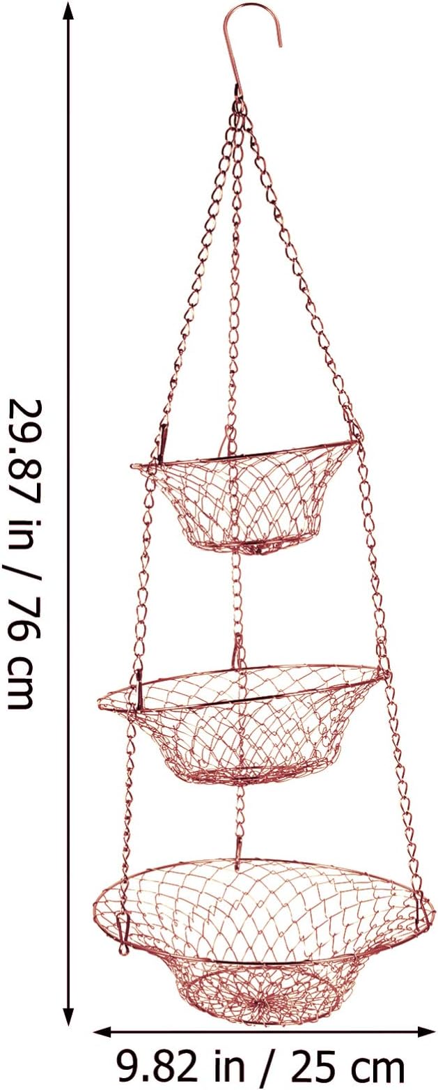 Yardwe 3 Tier Hanging Fruit Baskets Copper Wire Basket Fruit Vegetable Kitchen Storage Organizer Rustic Country Decor Round Metal Copper