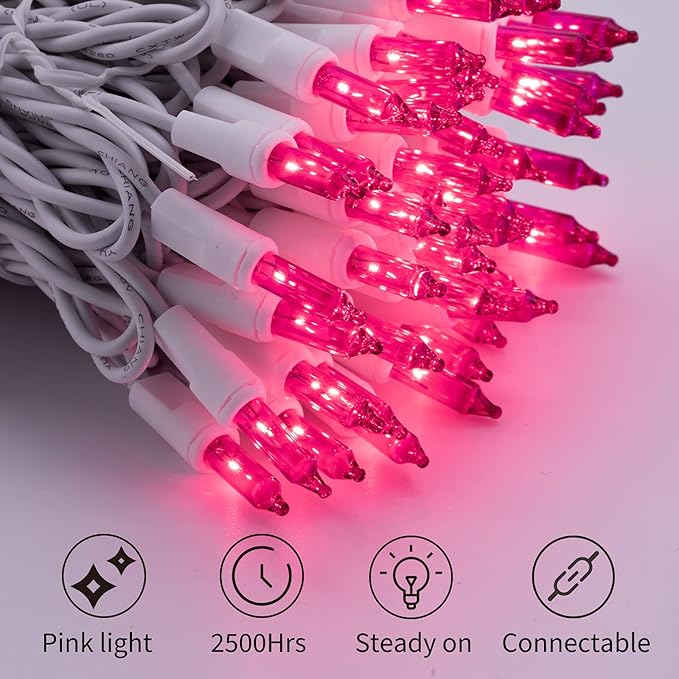 Pink String Lights with 100 Clear Bulbs on White Wire - 26.5 FT Waterproof Connectable Mini Tree Lights for Indoor Outdoor Use Party Holiday Patio Decorations