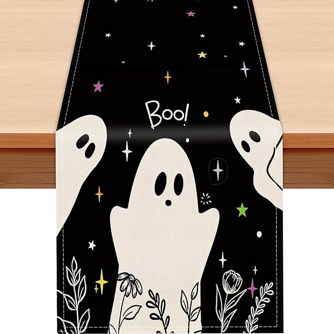 Halloween Black Table Runner Spooky Ghost Floral Boo Table Linen Runner Seasonal Holiday Kitchen Dining Table Decoration Halloween Decorations for Indoor Outdoor Home Party Decor 13x36 Inch