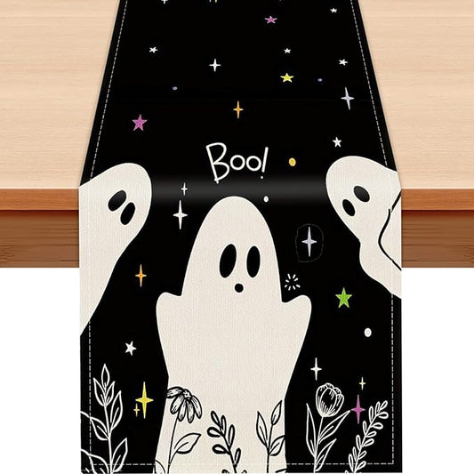 Halloween Black Table Runner Spooky Ghost Floral Boo Table Linen Runner Seasonal Holiday Kitchen Dining Table Decoration Halloween Decorations for Indoor Outdoor Home Party Decor 13x36 Inch