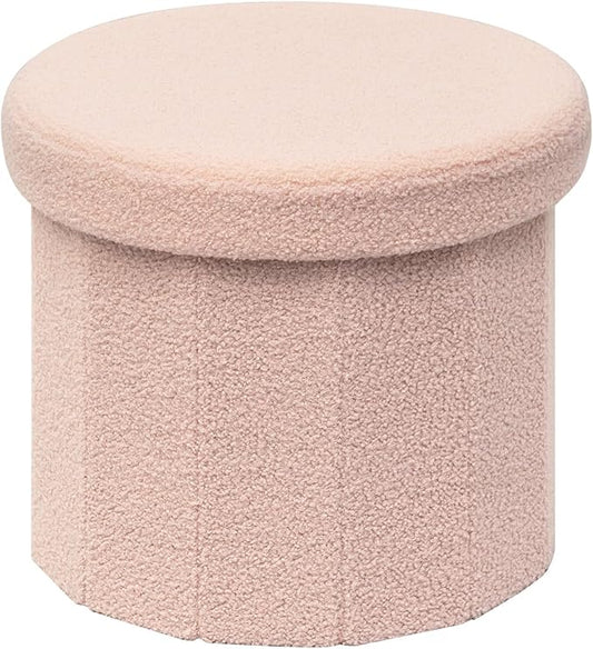 B FSOBEIIALEO Storage Ottoman Cube, Round Ottomans with Storage Foot Stool Footrest for Lving Room, Boucle Ottoman Seat for Dorm Room,Faux Teddy Fur, Pink 15"x15"x15"