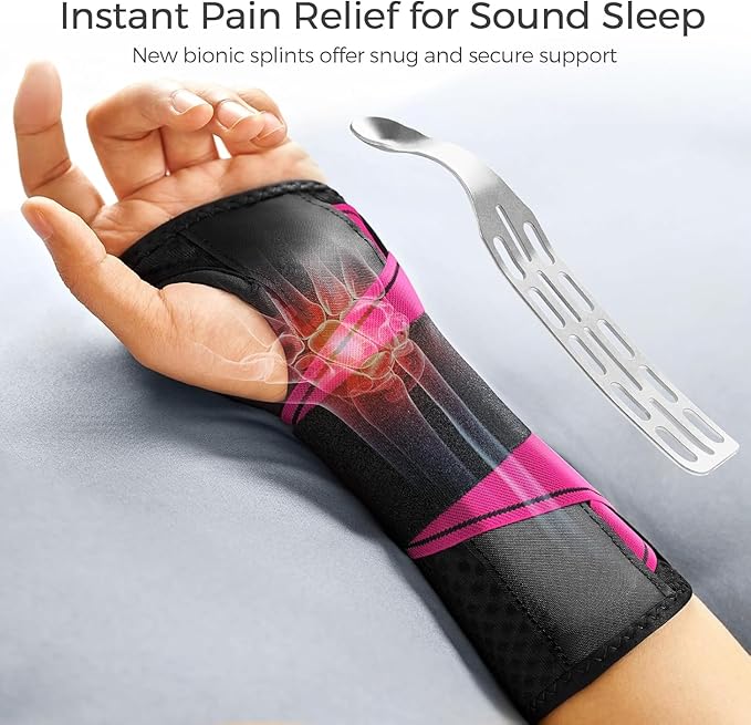 FREETOO Carpal Tunnel Wrist Brace Night Support Fit Left Hand for Work, Pain Relief Wrist Splint for Tendonitis, Sprain, Strain, Rigid Hand Brace for Arthritis for Women and Men (XS, Black/Pink)