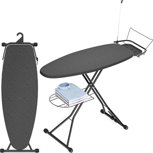 Full Size Ironing Board, 18x51 Iron Board with Metal Panel Stretchable Iron Rest, Adjustable Height Heavy Duty Heat & Scorch Resistant Cover Ironing Board, for Home, Laundry, Black
