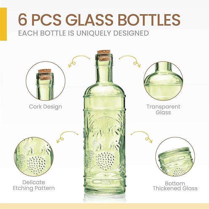 Assorted Green Glass Bottles with Corks, 6 Pack, 2.5in X 9in, 16oz