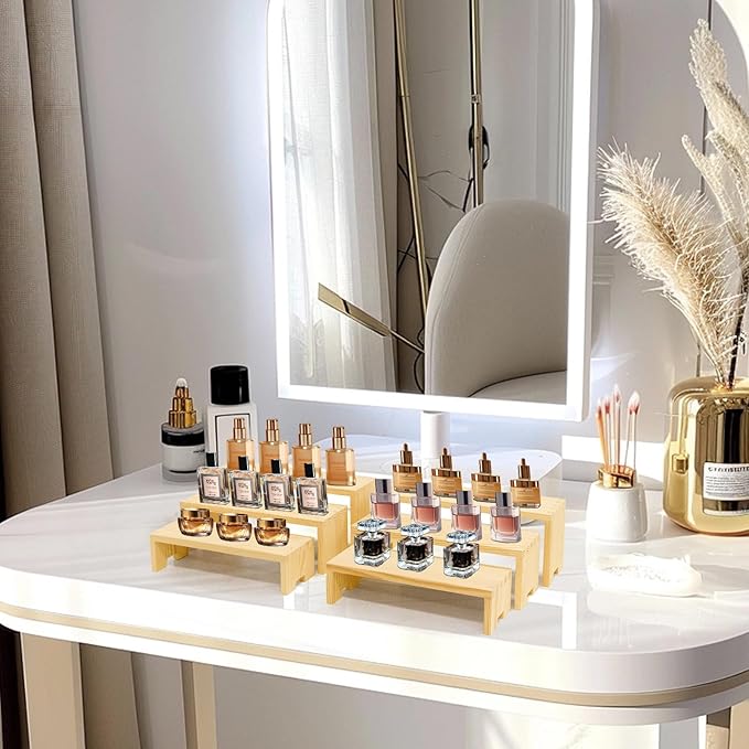 Display Wood Risers Wooden Stand 3 Tier Wood Racks Decorative Rectangular, 2 Set 6 Piece Cupcake Stands Cologne Perfume Organizer Dessert Showcase(Nature)