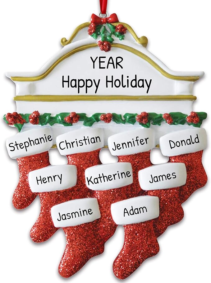 3D Fireplace Mantle Family of 9 Christmas Ornament 2025 Personalized Family Christmas Ornaments 2025 | Holiday Garland Personalized Tree Ornaments Customizable Gifts of Red Stockings of Nine Ornament