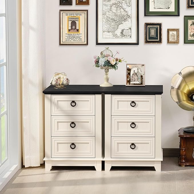 Farmhouse Night Stand Set of 2, 18" End Table with 3 Drawer Metal Handle, Dresser for Bedroom, Sofa Bed Side Table Chest of Drawers,Wood Nightstand Cabinet for Organizer, Living Room-White