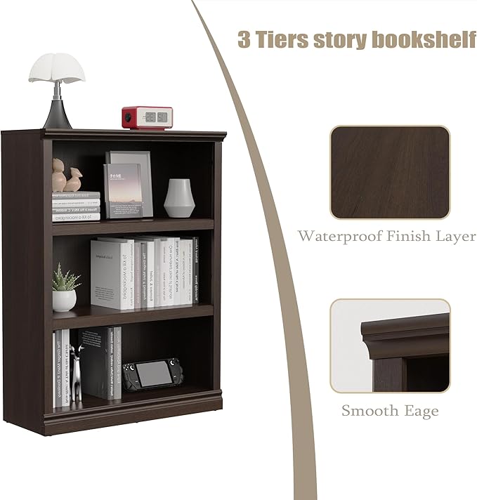 43 in Tall Bookcase, 3-Tier Bookshelf Open Storage, 33 inch Wide Floor Standing Indoor Furniture, Book Cases for Home School Library Office Bedroom Kids, Dark Cherry 3 Tiers