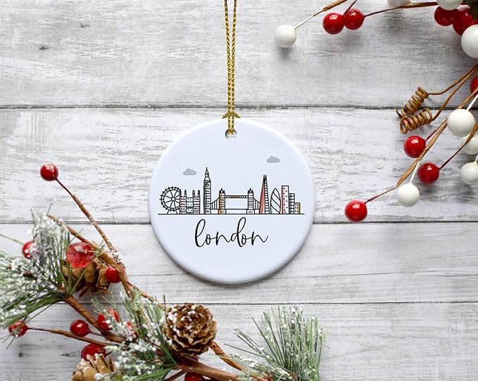 Andaz Press Round Ceramic Porcelain Christmas Tree Ornament Keepsake Gift, London, Colorful International City Skyline Graphic, 1-Pack, Birthday Ideas Family Coworker Him Her, Gift Box