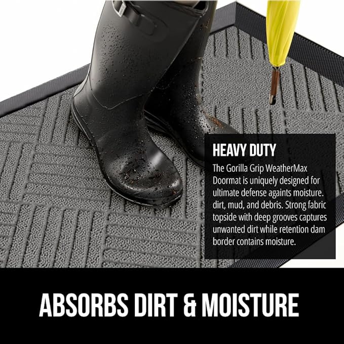 GORILLA GRIP 100% Waterproof All-Season WeatherMax Doormat US Designed Natural Rubber, Stain and Fade Resistant, Low Profile Indoor Outdoor Door Mats, Easy Clean Patio Mat, 17x29, Steel Diamond