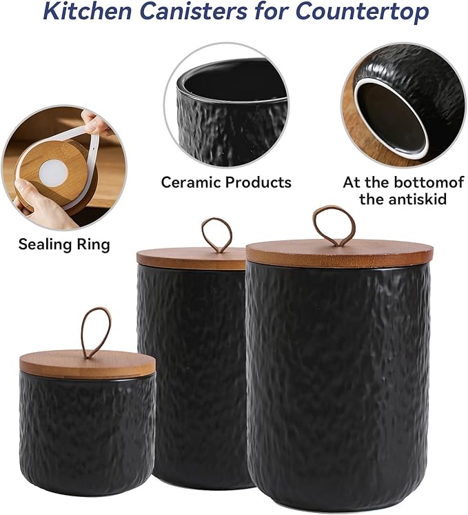 Kitchen Canisters for Countertop, Ceramic Coffee Canisters with Airtight Lids Food Storage Jars Sugar Container for Kitchen Counter Tea, Coffee Beans, Spice (#001Black-27oz/800ml)