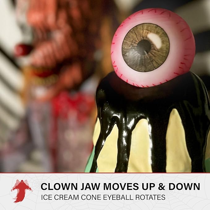 Haunted Hill Farm 6.5-Ft Animatronic I Scream Clown by Tekky, Halloween Animatronic, Creepy Party Decor, Indoor & Covered Outdoor Spooky Party Decoration Motion-Activated Lights & Sound, LifeSize