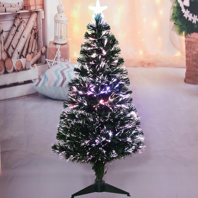 4FT Fiber Optic Green Christmas Tree Artificial Tree with Stand,Pre-lit Full Xmas Tree with Top Star Perfect for Indoor Holiday Decoration