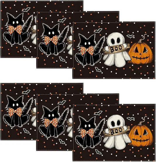 Artoid Mode Polka Dot Ghost Pumpkin Cat Boo Halloween Placemats Set of 6, 12x18 Inch Seasonal Fall Table Mats for Party Kitchen Dining Decoration