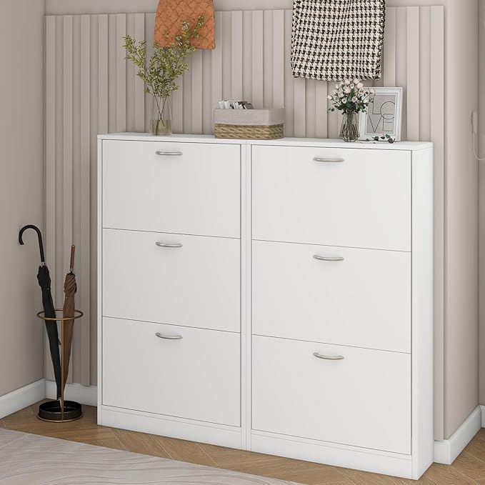 Shoe Storage Cabinet Set of 2 with 3 Flip Drawers, Narrow Shoe Cabinet Freestanding Slim Shoe Storage Organizer for Entryway, Hallway, Entrance, Bedroom, Living Room, White