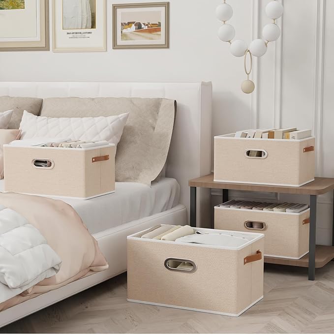 Yawinhe Foldable Storage Baskets for Shelves, Fabric Closet Organizers, Bins with 3 Handles, Cubes for Clothes, Beige, 15''Lx9.8''Wx8.3''H, 6-Pack