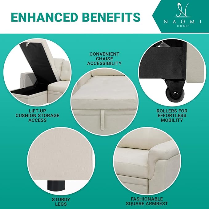 Naomi Home L-Shaped Reversible Sectional Sofa with Pull-Out Sleeper Bed and Storage Chaise, Cream Velvet