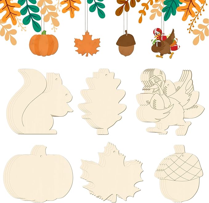 24 PCS Unfinished Wooden Thanksgiving Crafts, Pumpkin Turkey Shaped Hanging Ornaments DIY Wood Craft Cutouts for Thanksgiving Party Decor (Thankgiving)