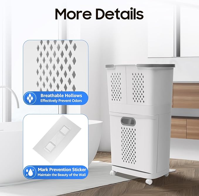 Movable Household Laundry Basket,2 Tier Laundry Hamper Basket Sorter with Wheels&Handle,Large Hand-Held Laundry Basket Clothes Storage Organizer for Bathrooms Bedrooms