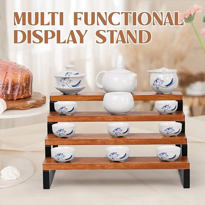 4 Tier Wooden Display Riser Stand Perfume Organizer with Metal Stand, Dessert Table Display Set, Food Display Stands for Party, Brown Rustic Solid Wood Shelf for Cupcakes, Perfume, Cologne, Spiece
