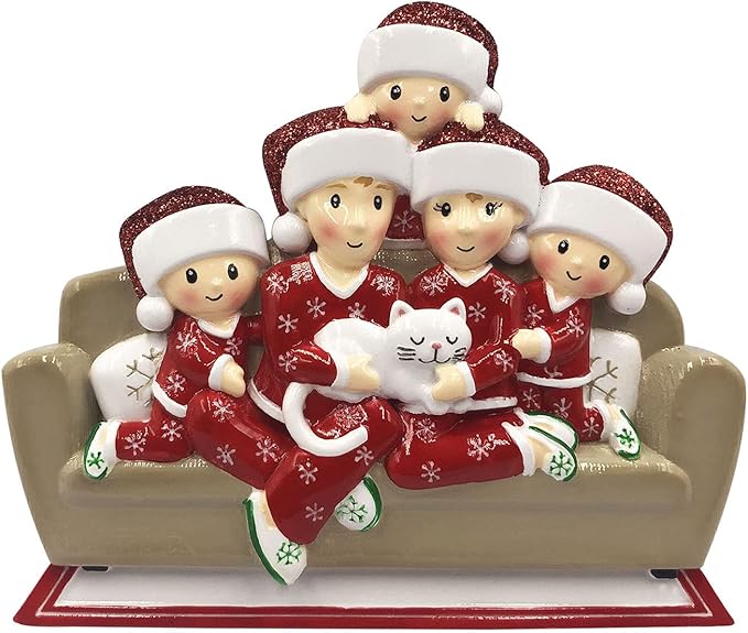 3D Matching Pajama Family of 5 with Cat Ornament 2025 Personalized Family Christmas Ornaments 2025 | Pet Lovers Personalized Tree Ornaments Customizable Gifts of Cat Lovers of Five with Pet Ornament