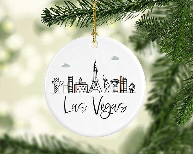 Andaz Press Round Ceramic Porcelain Christmas Tree Ornament Keepsake Gift, Las Vegas, Colorful City Skyline Graphic, 1-Pack, Birthday Gift Ideas Family Coworker Him Her, Includes Box