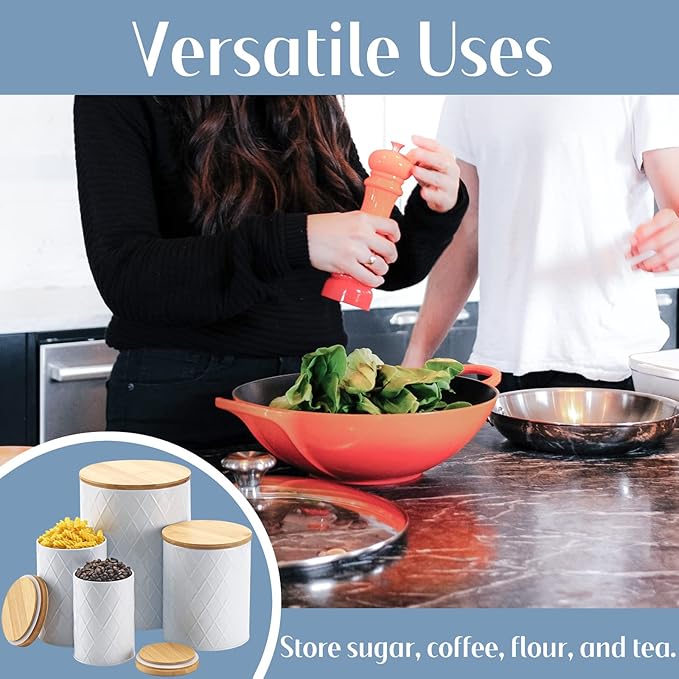 White Kitchen Canisters Set with Bamboo Lids, Airtight Sugar, Flour, Coffee, Cookie Storage Canister Sets for kitchen Countertop, Farmhouse kitchen decor, 4 Pack