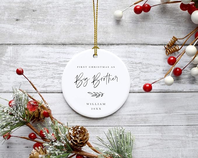Andaz Press Personalized Sibling Round Ceramic Porcelain Christmas Tree Ornament Keepsake Collectible Gift, First Christmas as Big Brother William 2025, Antique Handdrawn, 1-Pack