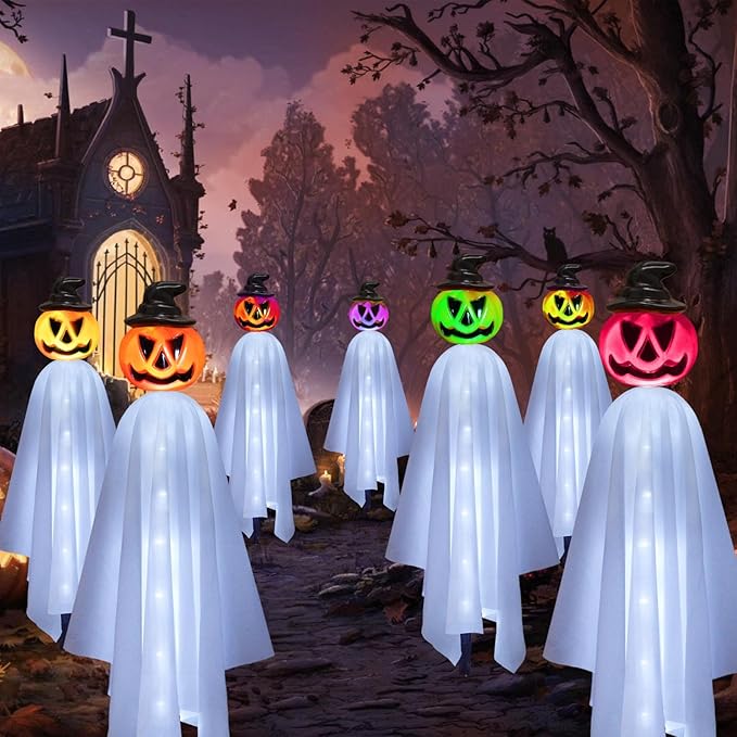 Upgraded Pumpkin Ghosts Halloween Decorations Outdoor, 4 Pack Waterproof Solar Ghosts Garden Stake Lights for Front Yard Patio Lawn Pathway Halloween Party Decorations