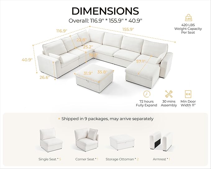 Oversized Modular Sofa Comfy Cloud Couch with Storage, Extra Deep Plush Sectional Sofa Set for Living Room, Covers Washable, Chenille, Olar (White, 8-Seater with Corner & 2 Ottomans, u-Shaped)