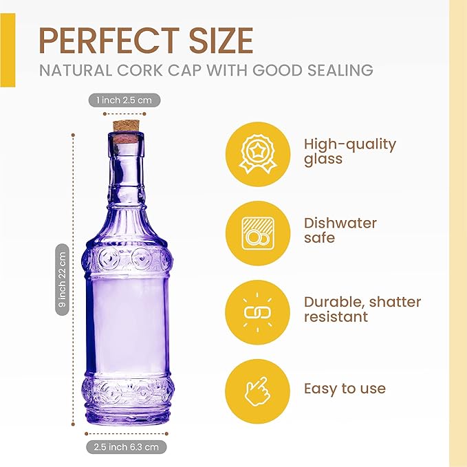 Assorted Purple Glass Bottles with Corks, 6 Pack, 2.5in X 9in, 16oz