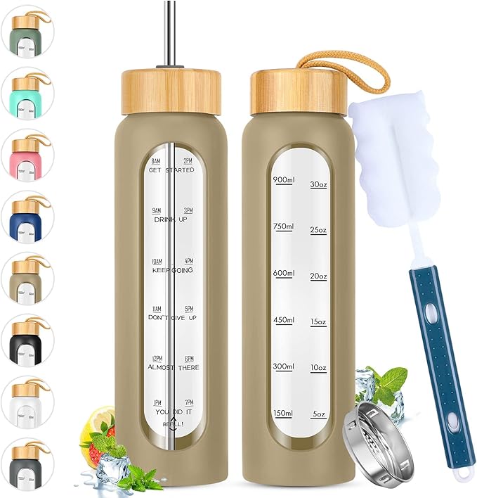 32 oz Glass Water Bottle with Straw - Motivational Time Marker & Silicone Sleeve - Reusable Tumbler Includes 2 Bamboo Lids & Fruit Infuser - 1 Pack