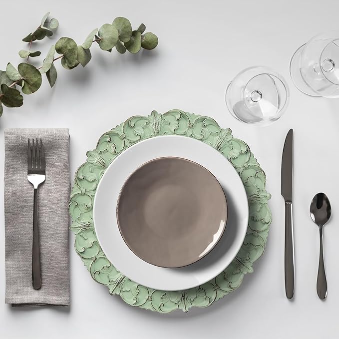 Green Charger Plates Set of 6, Decorative Table Plastic Chargers for Dinner Plates, Party, Wedding, Thanksgiving, Christmas, FD2GR