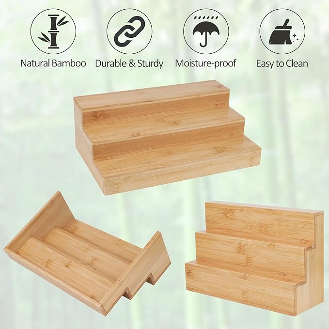 2 Pack Bamboo Spice Rack Organizer for Countertop, 3 Tier Spice Step Shelf for Cabinet (Jars Not Included)