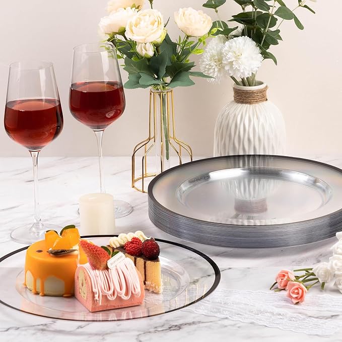 Goodluck 12 Inch Disposable Charger Plates Plastic, 100 Pack Plastic Clear Charger with Black Rim for Dinner, Wedding, Party