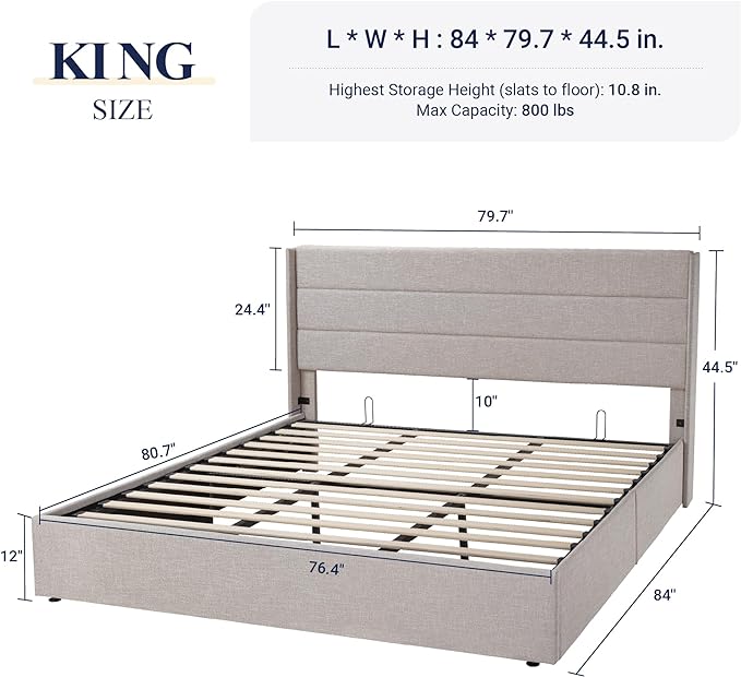 Allewie King Size Lift Up Storage Bed, Modern Wingback Headboard, Hydraulic Support, No Box Spring Needed, Light Beige