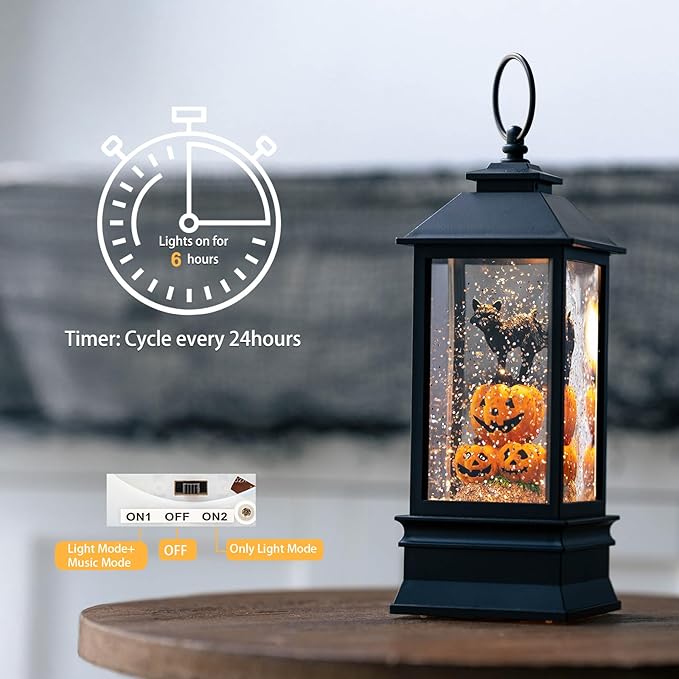 Halloween Snow Globe Lantern Water Glittering Spooky Witch' s Black Cat in Pumpkins with Music, USB Lined/Battery Operated Lighted Lantern for Halloween Festival Decoration Gifts