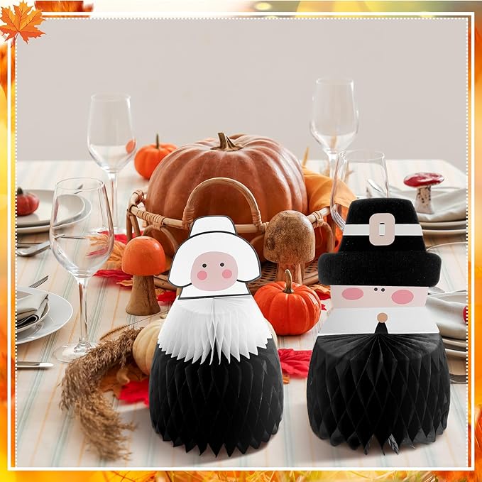 6 Pcs Fall Centerpiece Table Decorations Pilgrimage Couple Centerpiece Thanksgiving Table Decor 3D Paper Pilgrim Honeycomb Standing Decorations for Autumn Harvest Party Kitchen Home Decor