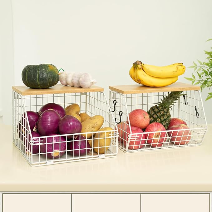 White Fruit Bowl, 2-Tier Fruit Basket for Kitchen Counter, Stackable Wall Mounted Veggie Storage, Snack Organizer, Potato and Onion Storage Basket, Hanging Pantry Organizer with Wood Lid, 2 Set