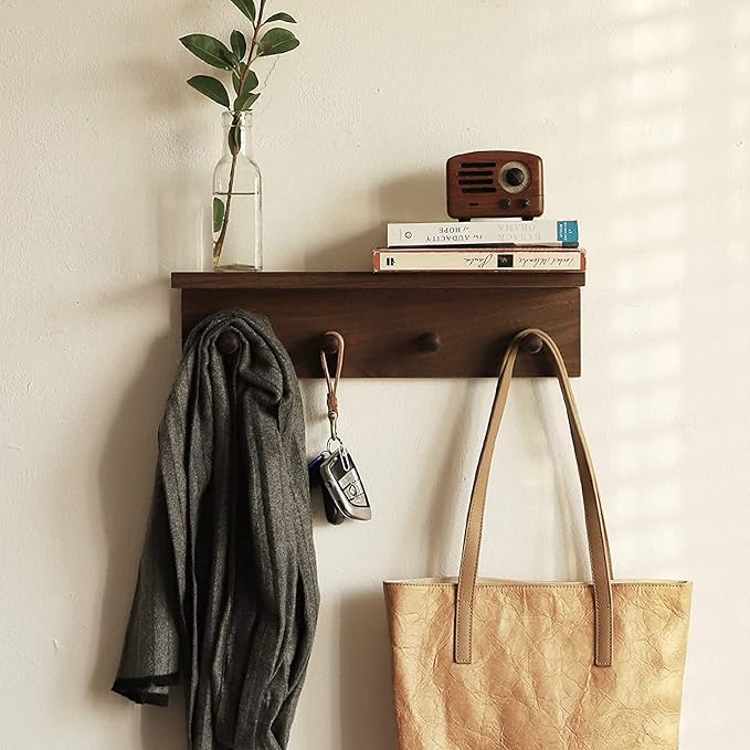 Entrance Coat Rack ，Coat Hooks, Wall-Mounted Wooden Hook Rack, Wall-Mounted Shelves are Very Suitable (Walnut Colored Finish-1)
