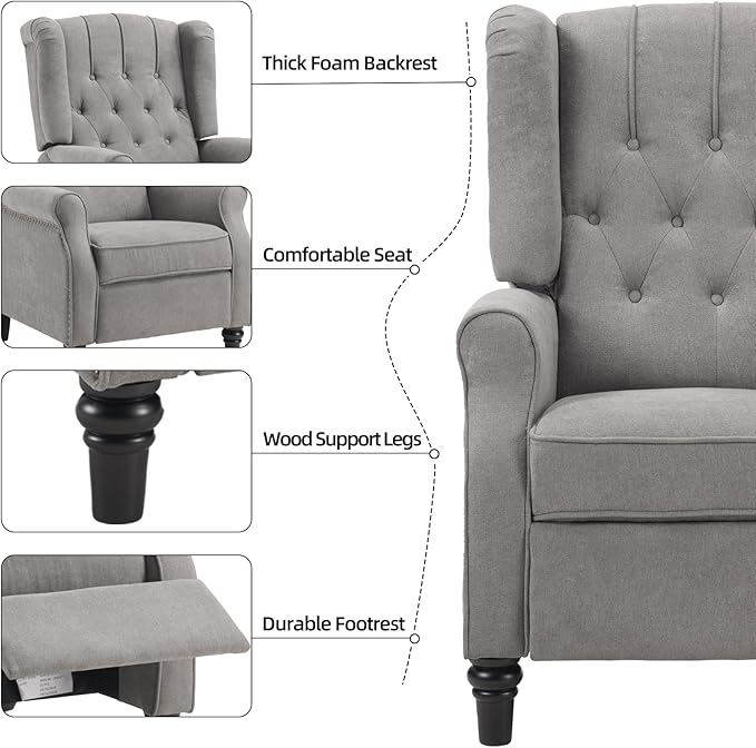 EBELLO Pushback Recliner Chair, Fabric Armchair Push Back Recliner with Rivet Decoration, Mid Century Wingback Accent Chair for Living Room, Bedroom, Grey
