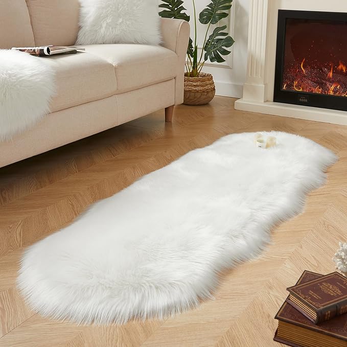 AMTOVO Faux Sheepskin Rug, White Ultra Soft Fluffy Shag Area Rug, 2 x 6 ft Faux Fur Rug for Bedroom Sofa Throw Cushion Room Decor, Sheepskin