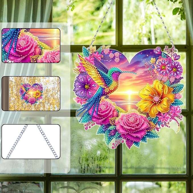 Flowers Hummingbird Diamond Art Kits,5D Diamond Hanging Ornament Kits,DIY Special Shaped Diamond Dot Kits,Home Porch Crystal Hanging Pendant Ornament (Colorful2)