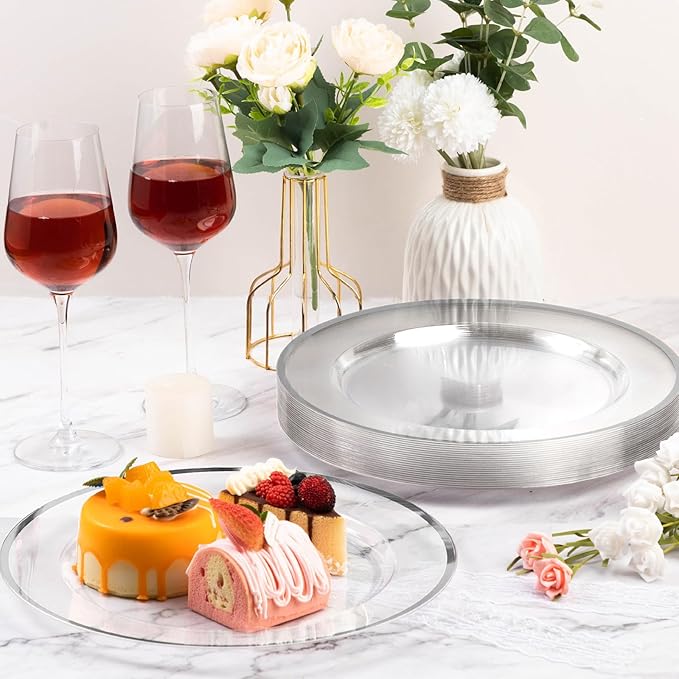 Goodluck 12 Inch Silver Charger Plates, 50 Pack Clear With Silver Trim, Disposable Plastic for Dinner, Wedding, Party