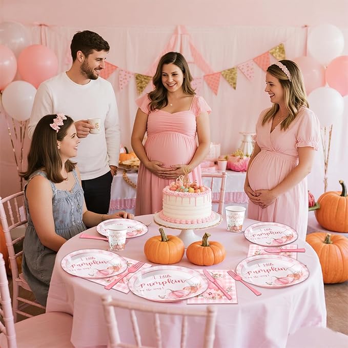 168 Pcs Pink Little Pumpkin Baby Shower Decorations Girl, A Little Pumpkin is on the Way Baby Shower Plates and Napkins Serves 24, Pink Gingham Fall Tableware for Autumn Sweet Girl