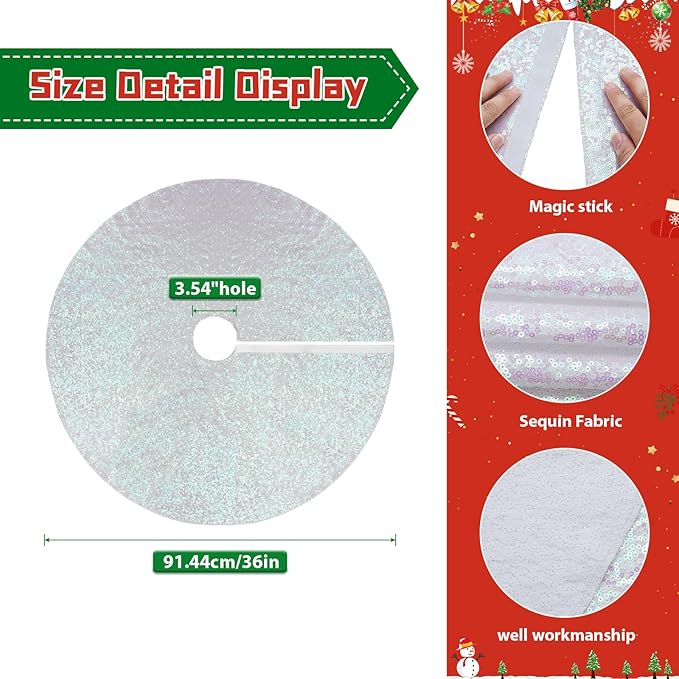 Eternal Beauty Christmas Tree Skirt, 36 Inch White Iridescent Sequin Tree Skirt Small Xmas Tree Skirt for Christmas Tree Decorations