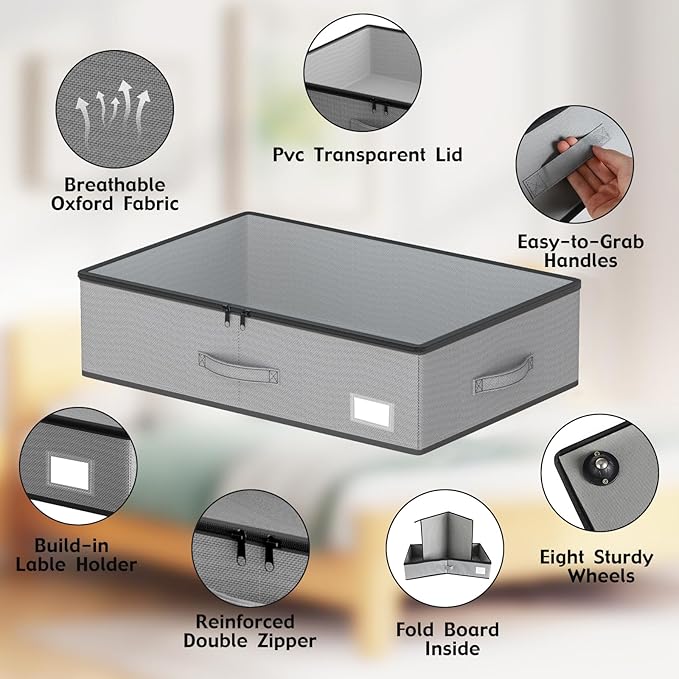 Under Bed Storage with Wheels, No Assemble Required 7.5 inches height Under Bed Storage bins,Large capacity Rolling Under bed Shoe Storage containers，dorm under bed storage drawers